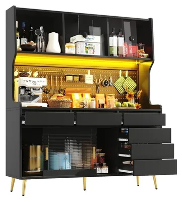 Image de Armoire haute avec éclairage LED, façade en verre cannelé, panneau perforé, tiroir, dimensions 145x39x171 cm, couleur noire