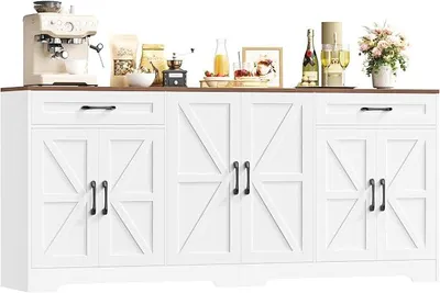 Image de Buffet, 180 cm de large, meuble de cuisine avec plan de travail. Buffet de cuisine avec 6 portes et 2 tiroirs. Meuble de service pour cuisine, avec étagère réglable, idéal pour le salon. Dimensions : 180 x 87 x 34 cm