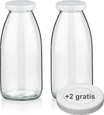 Produktbild von Milchflaschen 0,25L Smoothie Saft Flaschen 250ml leere Glasflaschen Deckel BPA frei, 2 Milchflaschen mit 4 Deckeln