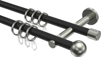 Produktbild von Interdeco Gardinenstange / Vorhangstange Schwarz / Edelstahl-Optik, Typ Medium Puros (Kugel), 16 mm Ø 2-läufig, 400 cm