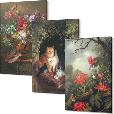 Produktbild von Leinwandbild – Wandbild – Leinwandbilder – Kunstdruck – Polycanvas – Modern – Mehrteilig – 3-Teilig Set – Hochwertig – Geruchslos – Lichtecht – Fertig Aufgespannt – 20x30 Cm Je Teil - Vintage Blumen Katzen und Pflanzen in der Natur
