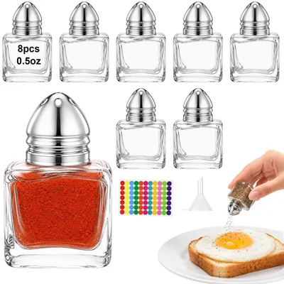 8 Mini-Salzstreuer Glas 15 ml, eckig, mit Aufklebern & Trichter