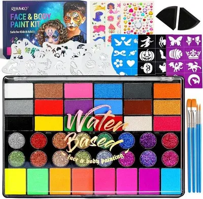 Productafbeelding van Professionele Schminkset voor Kinderen met 42 Kleuren, Bodypaintset met Sjablonen, Kwasten en Edelstenen voor Carnaval, Halloween, Kostu