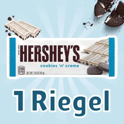 Produktbild von 1er Pack Hershey’s Cookies ’n’ Cream Riegel | 1x 43 g | Weißer Schokoladenriegel mit Keksstückchen +Heartforcards Versandschutz