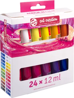 Produktbild von Talens Acrylfarbe Set | 24 x 12 ml, 12 ml, Schwarz, Blau, Cyan, Grün, Magenta, Orange, Rot, Violett, Weiß, Tube