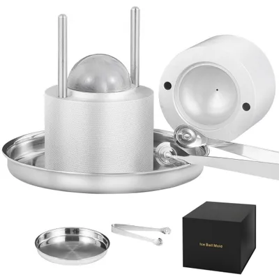 Image de Set de fabrication de glaçons "Eiszauber" - Avec moule à glaçons de 60 mm & moule à boules de glace - Pince à glace, bac d'égouttage & bac à glaçons revêtu d'aluminium inclus - Parfait pour le whisky, l'americano, les jus de fruits & le lait - Argent.