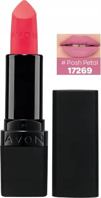 A lipstick product with its cap off, next to its cap, and a swatch on a lip.