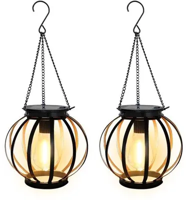 Immagine prodotto di Set di 2 lanterne solari Unyqoos® – Lanterne solari LED, luce bianco caldo, struttura in ferro rotonda, grado di protezione IP65, fino a 12 ore di illuminazione, illuminazione esterna per giardino, terrazza e balcone