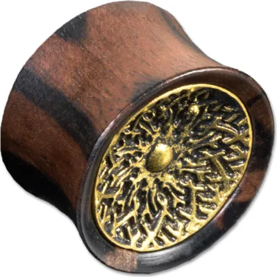 Produktbild von viva-adorno 1 Stück 22mm Plug Flesh Tunnel Holz Tribal Labyrinth Sonne Blüte Messing Vintage Inlay Ohr Piercing 10 - 22mm Z511.D3
