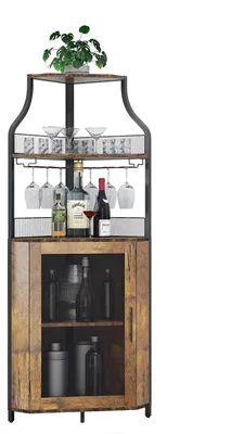 Immagine prodotto di Mobiletto bar angolare industriale - 5 ripiani - Portabottiglie e portabicchieri - Ripiani interni regolabili - Metallo e legno - Marrone vintage