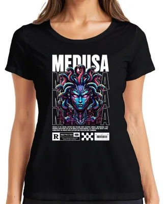 Obrázek produktu pro Tričko s motivem Medúzy, cyberpunkový design, gorgona, neonové barvy, řecká mytologie, dámské, černé, velikost S
