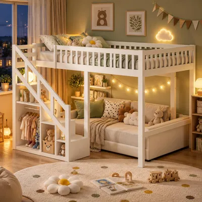 Imagen del producto de Cama nido de 90x200 cm con escalera y espacio de almacenamiento, cama alta con barandilla de seguridad y somier, cama individual, cama para niños, cama juvenil, litera, color blanco
