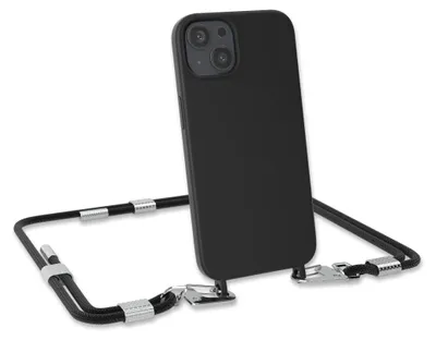 A black iPhone case with a black lanyard and silver clips is shown against a white background.