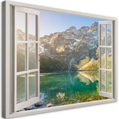 Produktbild von Leinwandbild Fenster See in den Bergen Natur 90x60 Feeby Grün bild für die wand bereit zum aufhängen