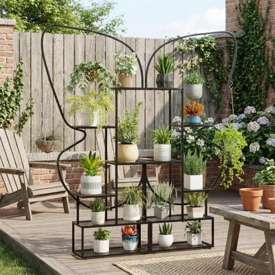 Image de Étagère à plantes Zerbaco, en métal, 6 niveaux, 12 étagères grillagées, 4 crochets, noir