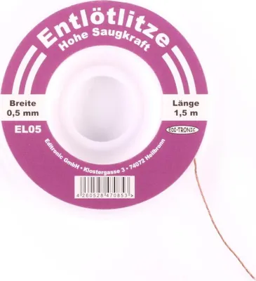 Immagine prodotto di Set di fili per dissaldatura / Singoli 0,5 mm, 1 mm, 1,5 mm, 2 mm, 2,5 mm, 3 mm - Bobina di filo in rame per aspirazione - Tipo: 1 bobina Ø 0,5 mm 3,30 euro/m