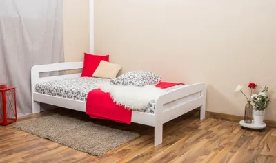 Produktbild von Einzelbett / Gästebett Kiefer Vollholz massiv weiß lackiert A6, inkl. Lattenrost - Abmessung 120 x 200 cm