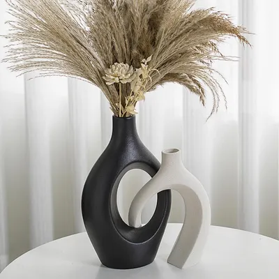 Productafbeelding van Keramische Vazen Set - Decoratie Vazen - Woonkamer Inrichten - Handgemaakt Hol Ontwerp - 2 Stuks - Zwart Beige