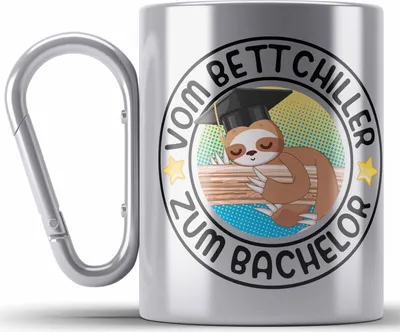 Produktbild von Trendation - Vom Bett Chiller zum Bachelor Edelstahl Tasse Karabiner Geschenk Prüfung Bestanden Graduation Lustiger Spruch Bachelor Geschenkidee (Silber)