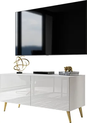 Produktbild von TV-Schrank AURA 100 weiß hochglanz mit LED-Beleuchtung, Beine: Gold