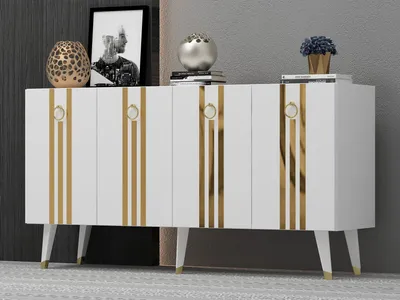 Image de Skye Decor, Isil - Blanc, Or, Console, Blanc, PANNEAUX DE PARTICULES 100 % MÉLAMINÉS, 150 x 40 x 80 cm