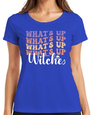 Productafbeelding van "Wat is er, heksen? Halloween. Grappig, retro, pompoen. Cadeau voor dames. T-shirt, blauw, maat S."
