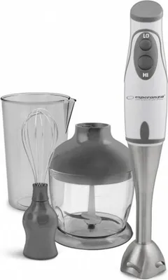 A white and grey Esperanza EKM003E immersion blender with accessories, including a beaker, a chopper attachment, and a whisk attachment, is displayed against a white background.