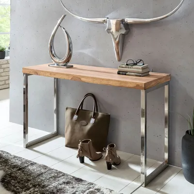 Obrázek produktu pro FineBuy Konzole z masivního akáciového dřeva s kovovými nohami, psací stůl 120 x 45 cm, venkovský styl, moderní, masivní, tmavě hnědá, pravé dřevo, přírodní