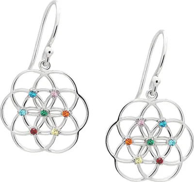 Produktbild von Paar 21mm Chakra Lebensblüme Ohrhänger 925 Silber Ohrringe mit 7 Zirkonia Steine