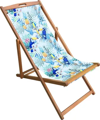 Produktbild von Liegestuhl klappbar Eukalyptusholz Papageienmuster bunt 57x81x89-99,5 cm Außenbereich