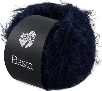 A ball of dark blue fuzzy yarn with a black label.