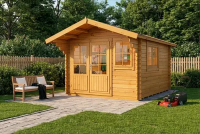 Produktbild von Gartenhaus Gabriel-34 mit Fußboden aus Holz, Gerätehaus 338x467cm, 10,07 m², 34 mm Wandstärke - Imprägnierung Pinie