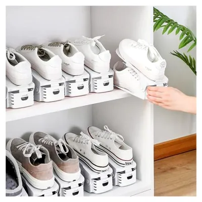 Produktbild von Schuh Slots Schuhstapler Schuhhalter Set, Verstellbare Schuhregale aus Kunststoff, Platzsparend und rutschfest - 30 Stück, Weiß