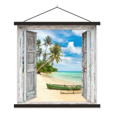 Produktbild von MuchoWow® Textilposter Kanu - Strand - Palme - Aussicht 90x90 cm mit schwarzem Rahmen - Magnetisches