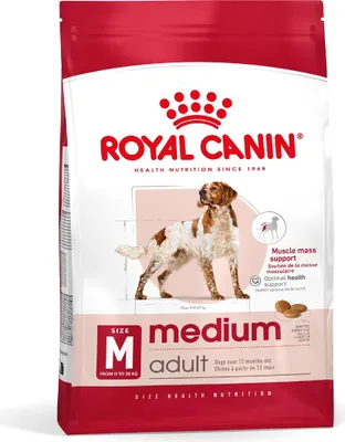 A bag of Royal Canin dog food for medium-sized adult dogs.
