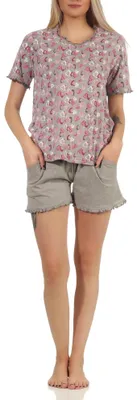Produktbild von Damen Shorty Pyjama kurzarm mit Herzen als Motiv in Melange-Optik - auch in Übergrössen ; grau-melange , 48