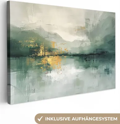 Produktbild von MuchoWow® - Leinwandbilder - Grün - Modern - Abstrakt - Gold, Wandbild, Wanddeko Bilder Wohnzimmer, 120x80 cm