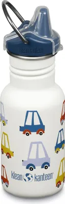 A white Klean Kanteen bottle with a blue sippy cap, decorated with a pattern of colorful cars.