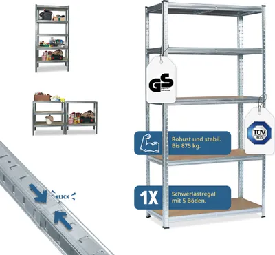 Produktbild von Grafner Schwerlastregal 180x90x40 cm mit 5 Böden aus MDF, maximale Belastung 875 kg, GS , abgerundete Ecken, Steckregal, Lagerregal Kellerregal