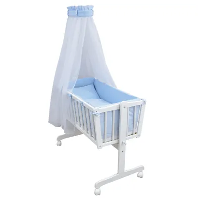Produktbild von Baby-Delux Wiege Schaukelwiege Babywiege Weiß 90x40 cm Bettset Komplett Interlock Soft Wiegenset Blau