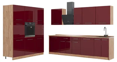 Image de Cuisine Vicco Fame-Line Rouge bordeaux Haute brillance/Chêne de force doré 460cm, PT Chêne, Model 63802