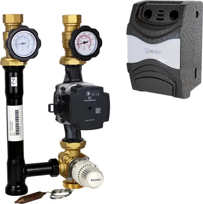 Produktbild von ProfiMix Heizkreispumpengruppe mit Drei-Wege-Mischer, Kapillar-Thermostatkopf 20-70°C und Grundfos UPM3 Hybrid 25/7 Hocheffizienzpumpe