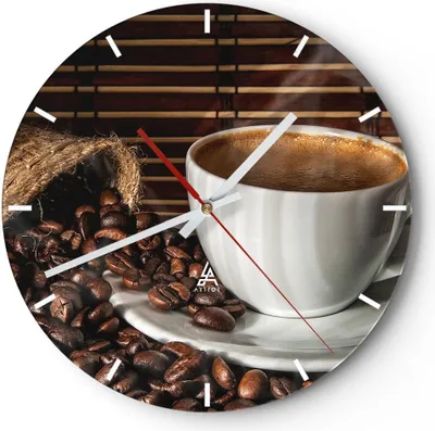 Produktbild von Wanduhr - Rund - Glasuhr - Aroma Kaffee Getreide - 30x30cm - Schleichendes Uhrwerk - Lautlos - zum Aufhängen bereit - Dekoration Modern - Wanddekoration aus Glas - C3AR30x30-2382