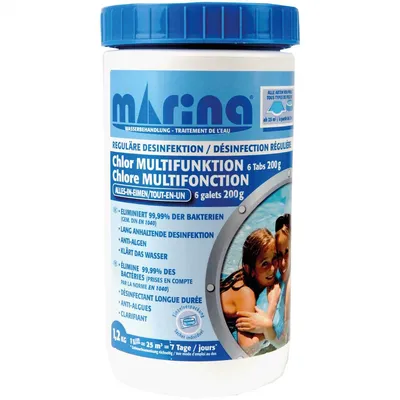A white plastic container of pool cleaning tablets with a blue lid, set against a white background. A circular image on the right shows two children in a pool.