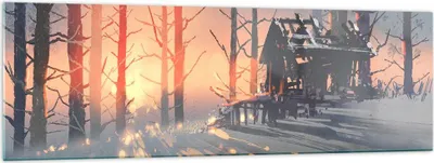 Produktbild von Bilder auf glas - Winter Wald Hütte - 160x50cm - Glasbilder - Wandbilder - Kunstdruck - zum Aufhängen bereit - Wanddekoration aus Glas - Glas Bilder - Wandbild auf Glas - Einteilig - GAB160x50-3854