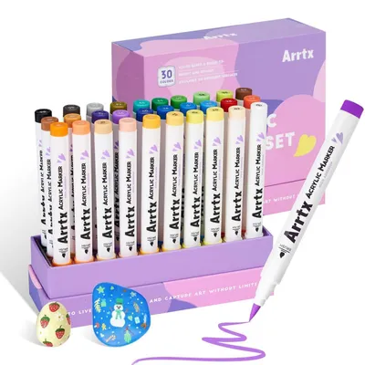 Zdjęcie produktu dla Markery akrylowe, 30 kolorów, wodoodporne, z okrągłą końcówką, szybko schnące, do malowania na kamieniach, szkle, drewnie, płótnie, do projektów DIY