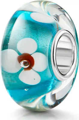 Produktbild von MATERIA by Matthias Wagner Glas Bead hellblau mit weißen Blumen Anhänger für Beads Armband / Ketten 1023