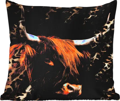Produktbild von MuchoWow® Outdoor Kissen - Schottisches Hochlandrind - Pantherdruck - Design - 50x50 cm - Wetterfest - Lounge Kissen - Komfortabel - Kissen mit Bild