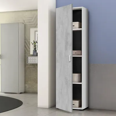 Image de Avlis - Armoire Polyvalente 1 Porte, 41x182h cm Gris Ciment, 3 Étagères