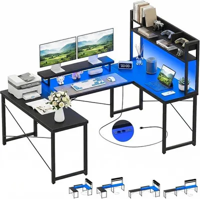 Produktbild von Schreibtisch Gaming Tisch in L Form, Eckschreibtisch mit LED & Steckdosen, Reversibler Gaming Desk mit Monitorständer & Regal für Homeoffice & Gaming (Schwarz)